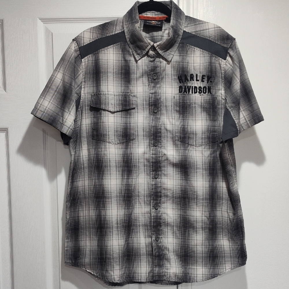 Harley-Davidson Gray Plaid Short-Sleeve Button-Up Shirt In Size Large